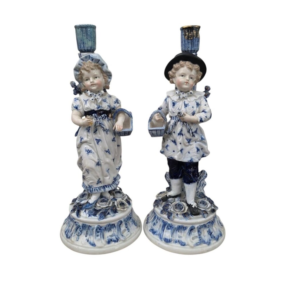 Antique 19th C Sitzendorf Porcelain Blue & White Boy Girl Candle Holders 13"